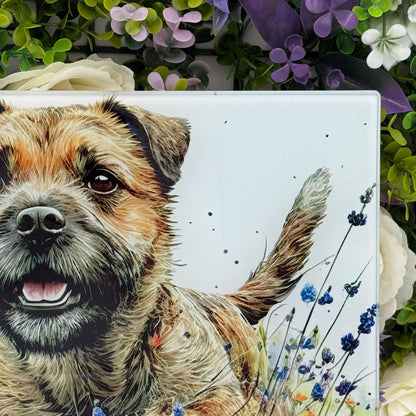 Border Terrier Wildflower Glass Chopping Board: Handmade Kitchen Decor