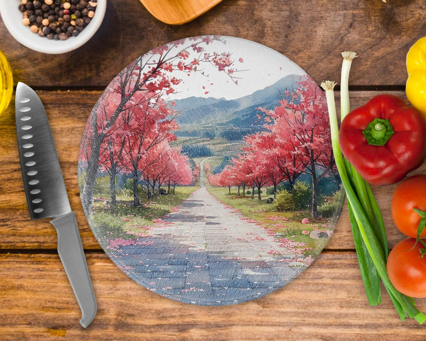 Blossom Landscape Glass Round Tea Pot Holder/Chopping Board, Cutting Board