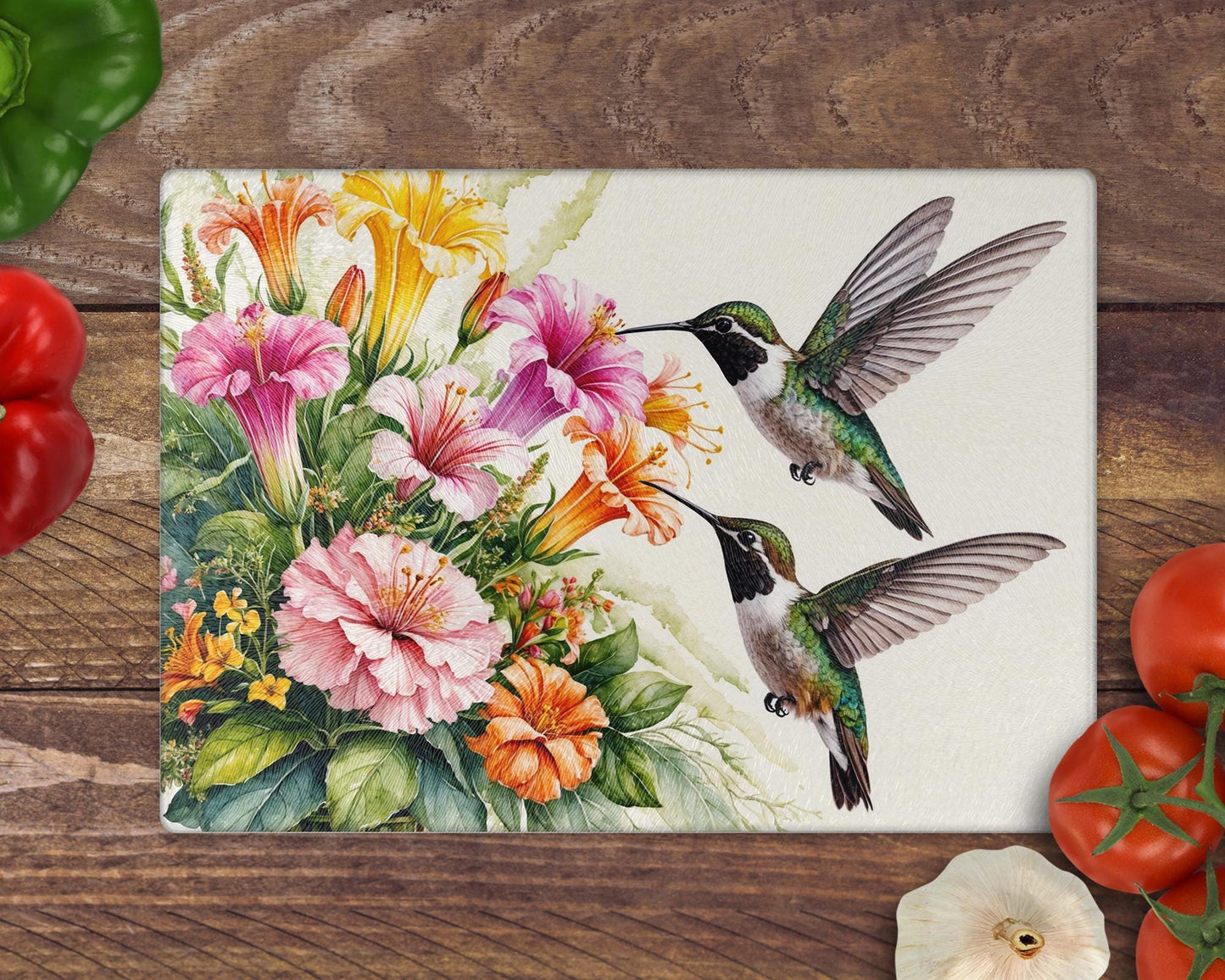 Hummingbird and Flowers Glass Chopping Boards - Worktop Saver - Side Protector