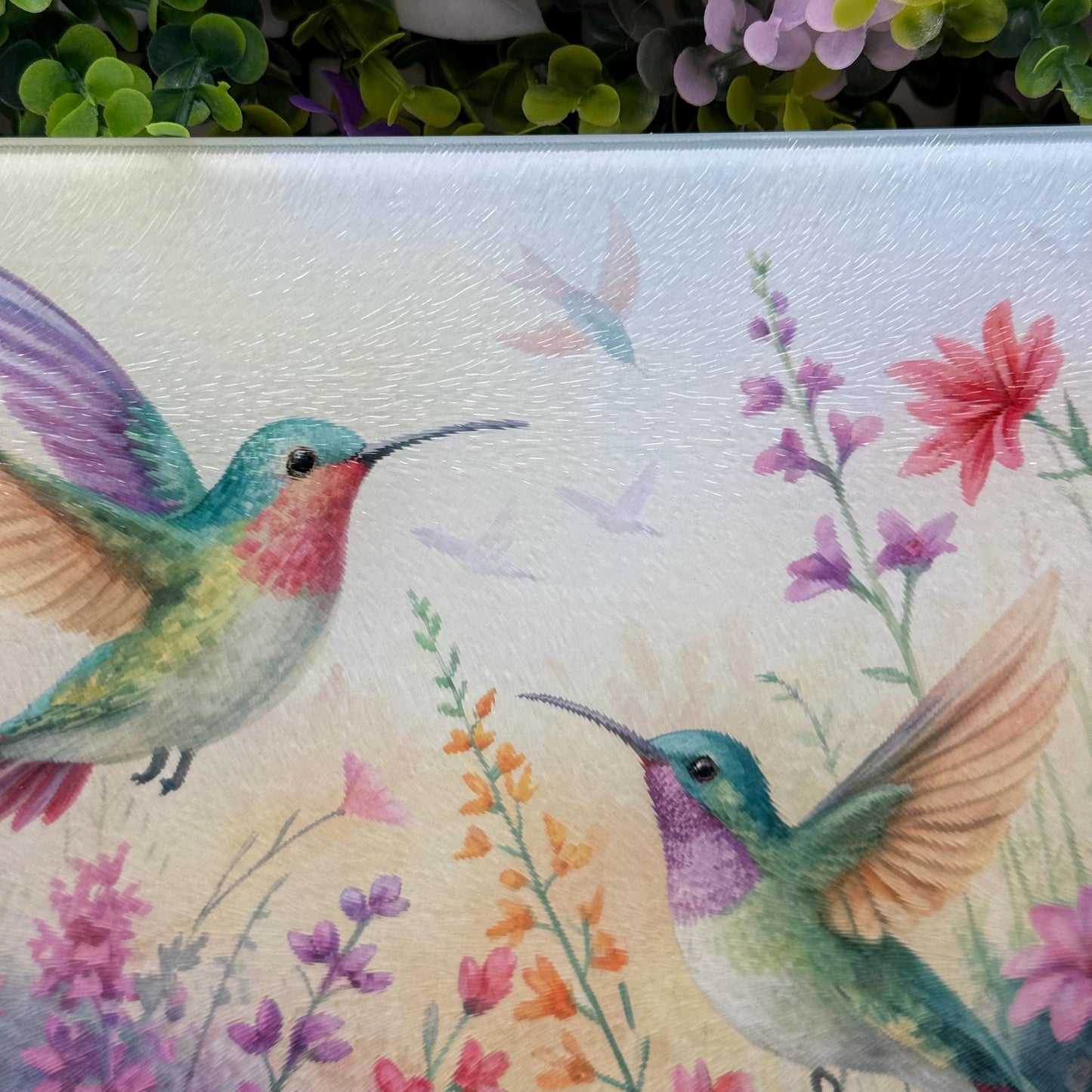 Hummingbird and Wildflower Watercolour Glass Chopping Boards - Worktop Saver - Side Protector
