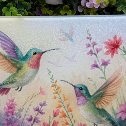 Hummingbird and Wildflower Watercolour Glass Chopping Boards - Worktop Saver - Side Protector