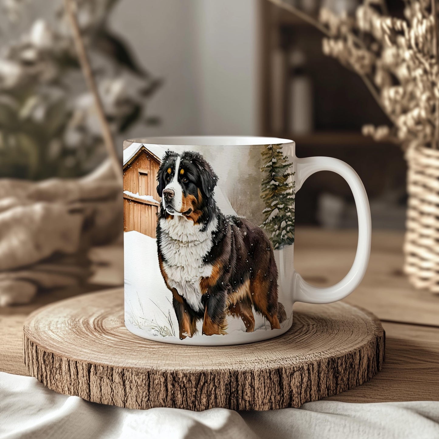 Bernese Mountain Dog Winter Snow 11oz Ceramic Mug: Handmade Pet Lover Gift