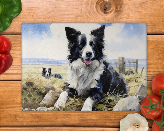 Border Collie Field Landscape Glass Chopping Board: Handmade Kitchen Decor