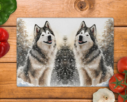 Alaskan Malamute Winter Snow Glass Chopping Board / 8inch x 11inch / Handmade Kitchen Decor