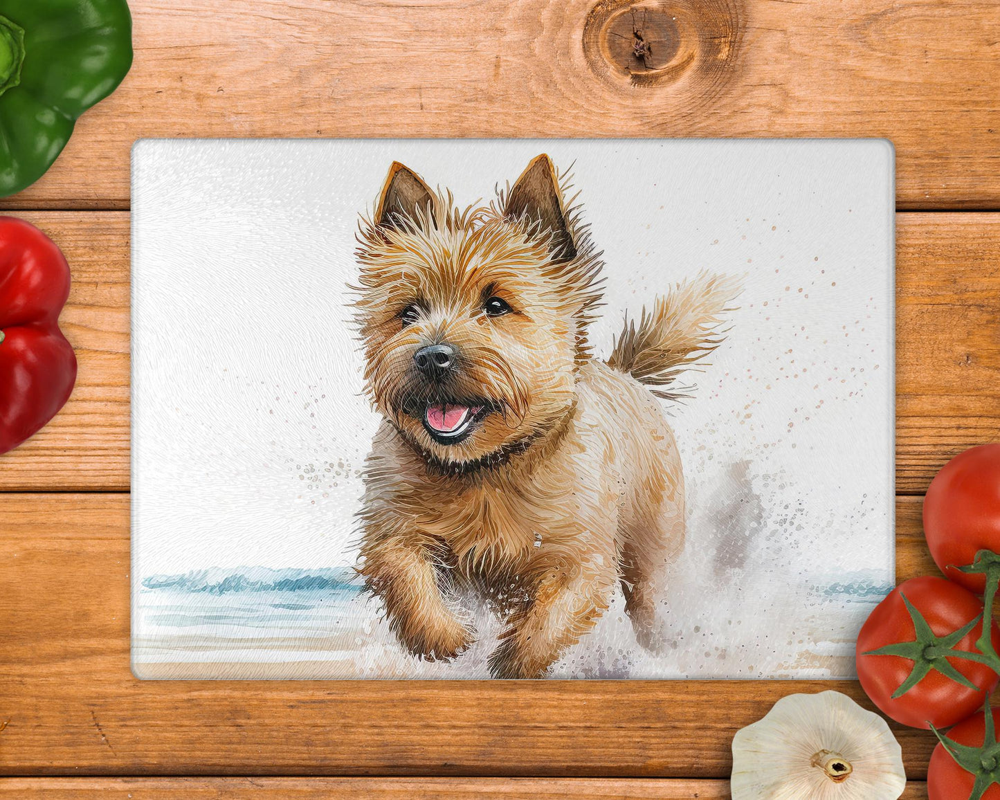 Norwich Terrier Running Beach 8inch x 11inch Glass Chopping Board