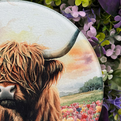 Highland Cow Round Glass Tea Pot Holder - Chopping Board - Worktop Protector - Heat Mat
