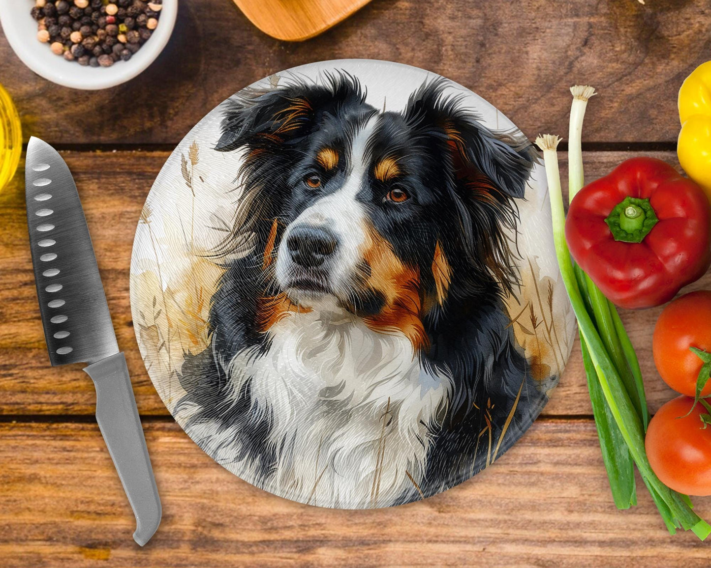 Border Collie 20cm Round Glass Chopping Board: Handmade Kitchen Decor