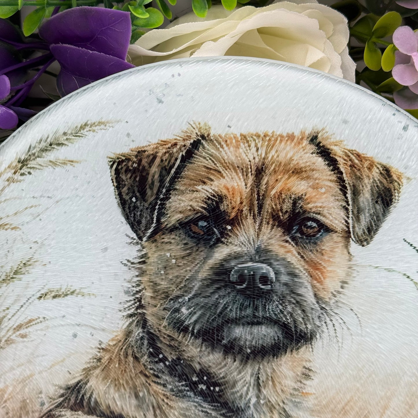 Border Terrier 20cm Round Glass Chopping Board: Handmade Kitchen Decor