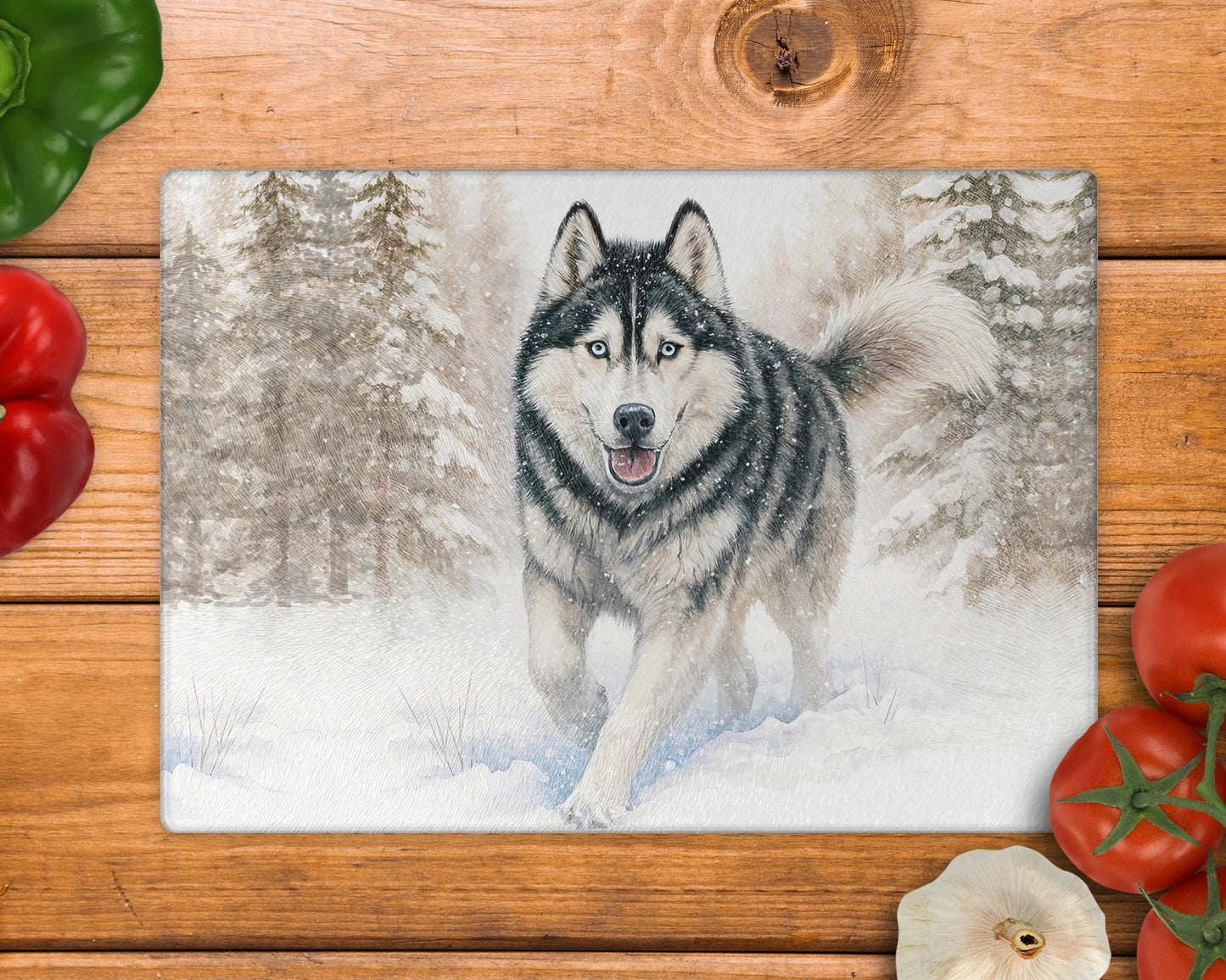 Husky Winter Snow Glass Chopping Board / 8inch x 11inch / Handmade Kitchen Decor