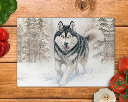 Husky Winter Snow Glass Chopping Board / 8inch x 11inch / Handmade Kitchen Decor