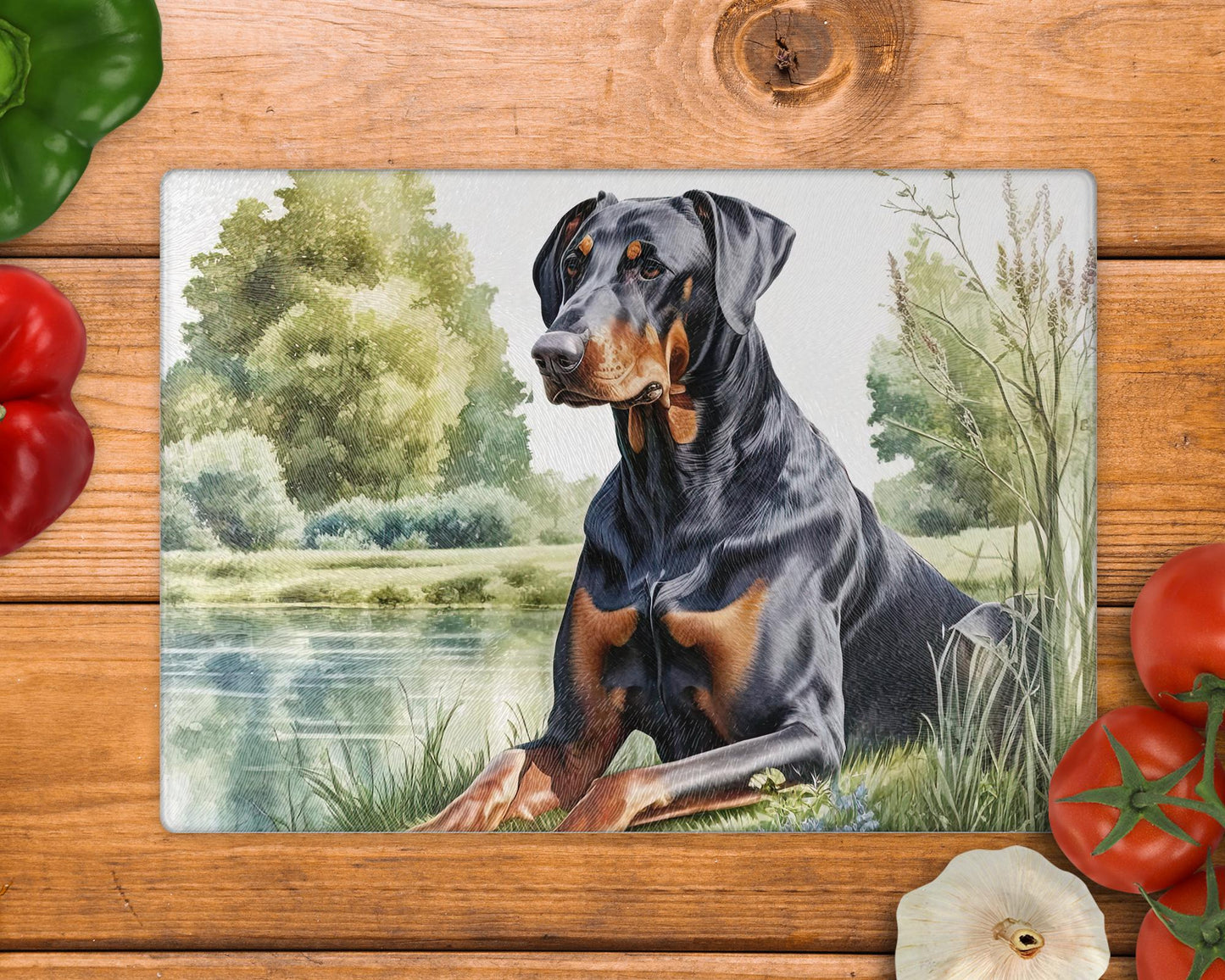 Doberman Glass Chopping Board / 8inch x 11inch / Handmade Kitchen Decor