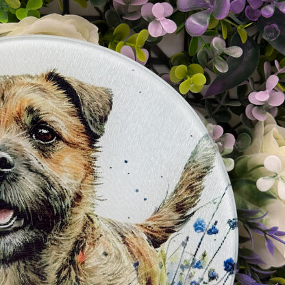 Border Terrier Wildflower 20cm Round Glass Chopping Board: Handmade Kitchen Decor