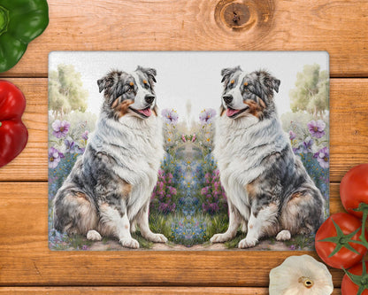 Australian Shepherd Glass Chopping Board / 8inch x 11inch / Handmade Kitchen Decor