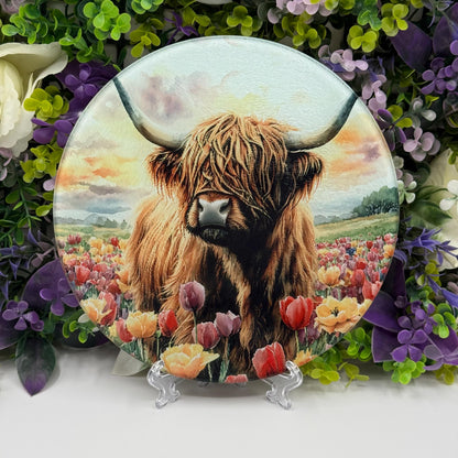 Highland Cow Round Glass Tea Pot Holder - Chopping Board - Worktop Protector - Heat Mat