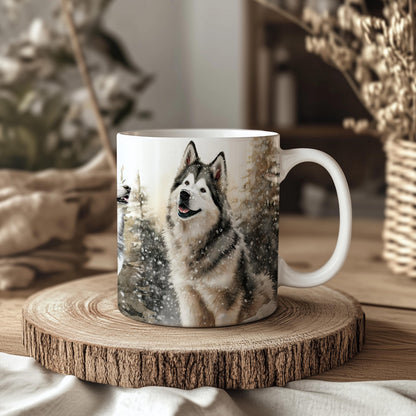 Alaskan Malamute Winter Forest 11oz Ceramic Coffee Mug: Unique Dog Lover Gift