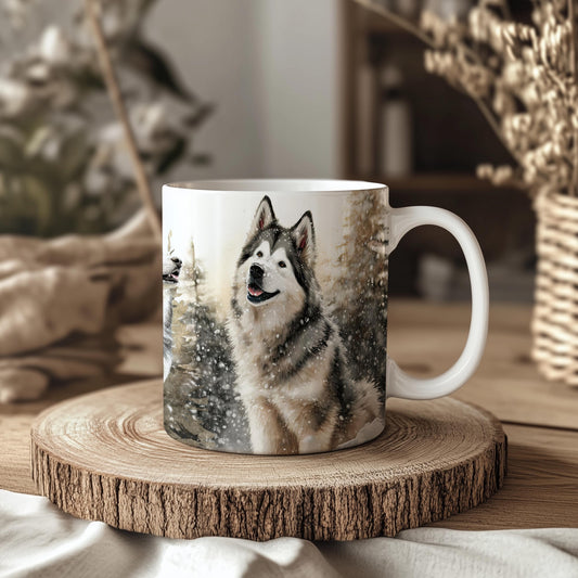 Alaskan Malamute Winter Forest 11oz Ceramic Coffee Mug: Unique Dog Lover Gift