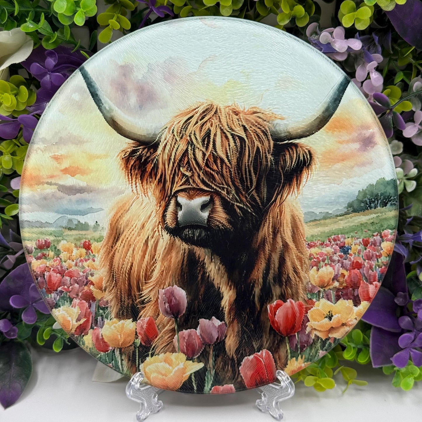 Highland Cow Round Glass Tea Pot Holder - Chopping Board - Worktop Protector - Heat Mat