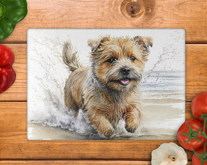 Norfolk Terrier Running Beach 8inch x 11inch Glass Chopping Board