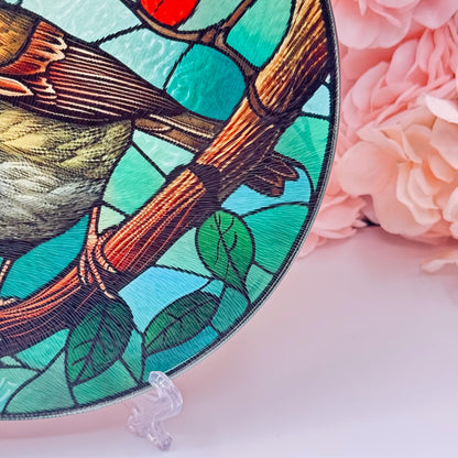Robin Stained Glass Textured Round Tea Pot Holder - Chopping Board - Worktop Protector - Heat Mat