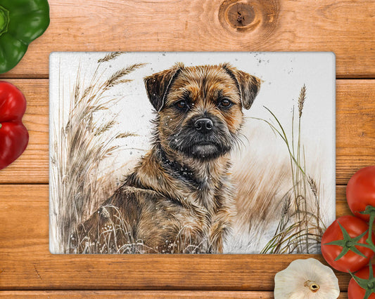 Border Terrier Wheat/Corn Field Glass Chopping Board / 8inch x 11inch / Handmade Kitchen Decor