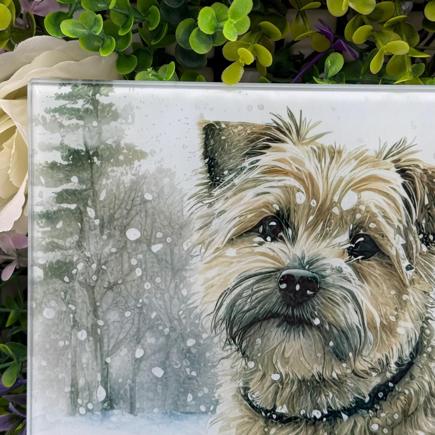 Norfolk Terrier Winter Snow 8inch x 11inch Glass Chopping Board