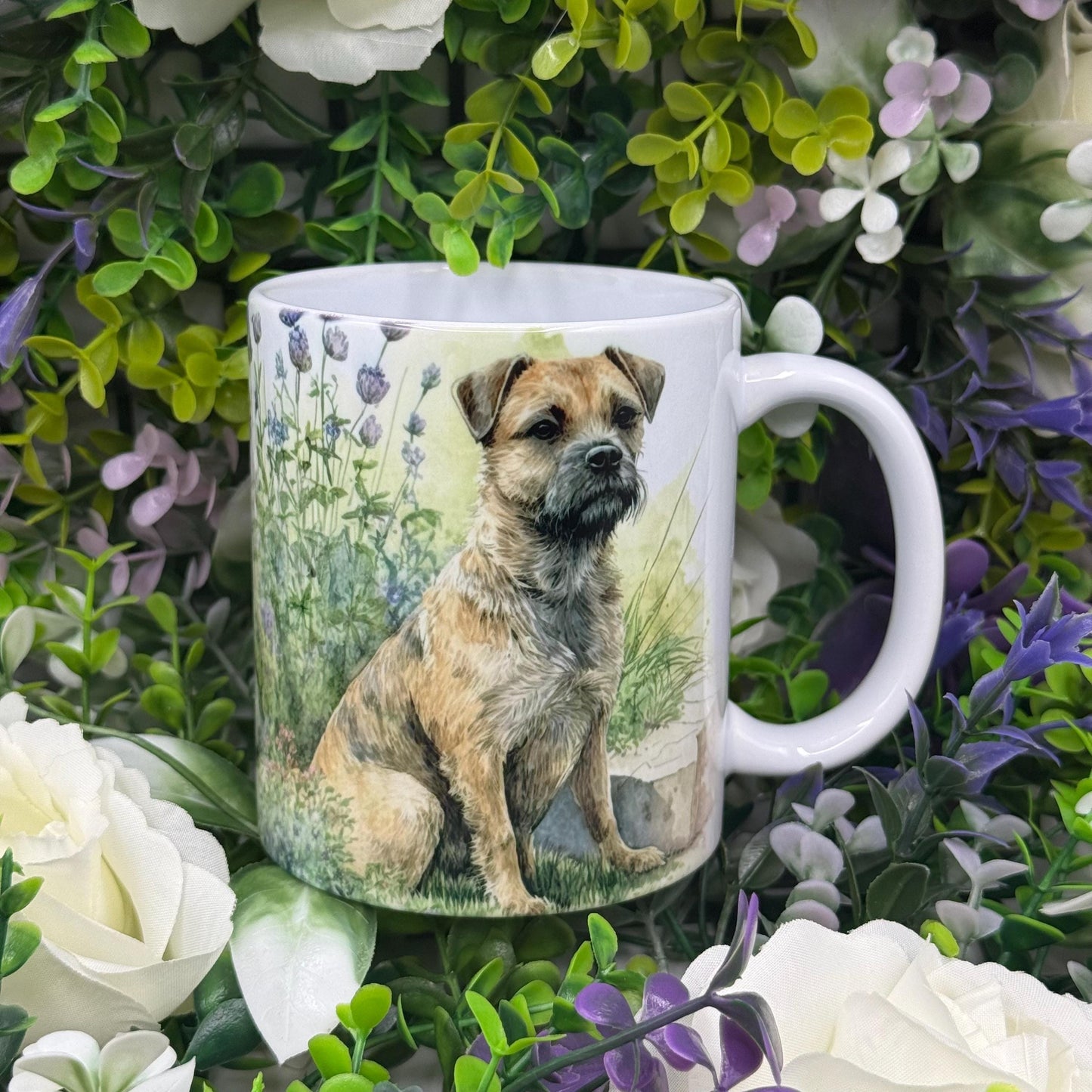 Border Terrier Dog Greenery Floral Mug: Handmade Ceramic Coffee Cup, Pet Lover Gift