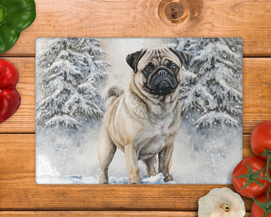 Pug Winter Snow Glass Chopping Board / 8inch x 11inch / Handmade Kitchen Decor