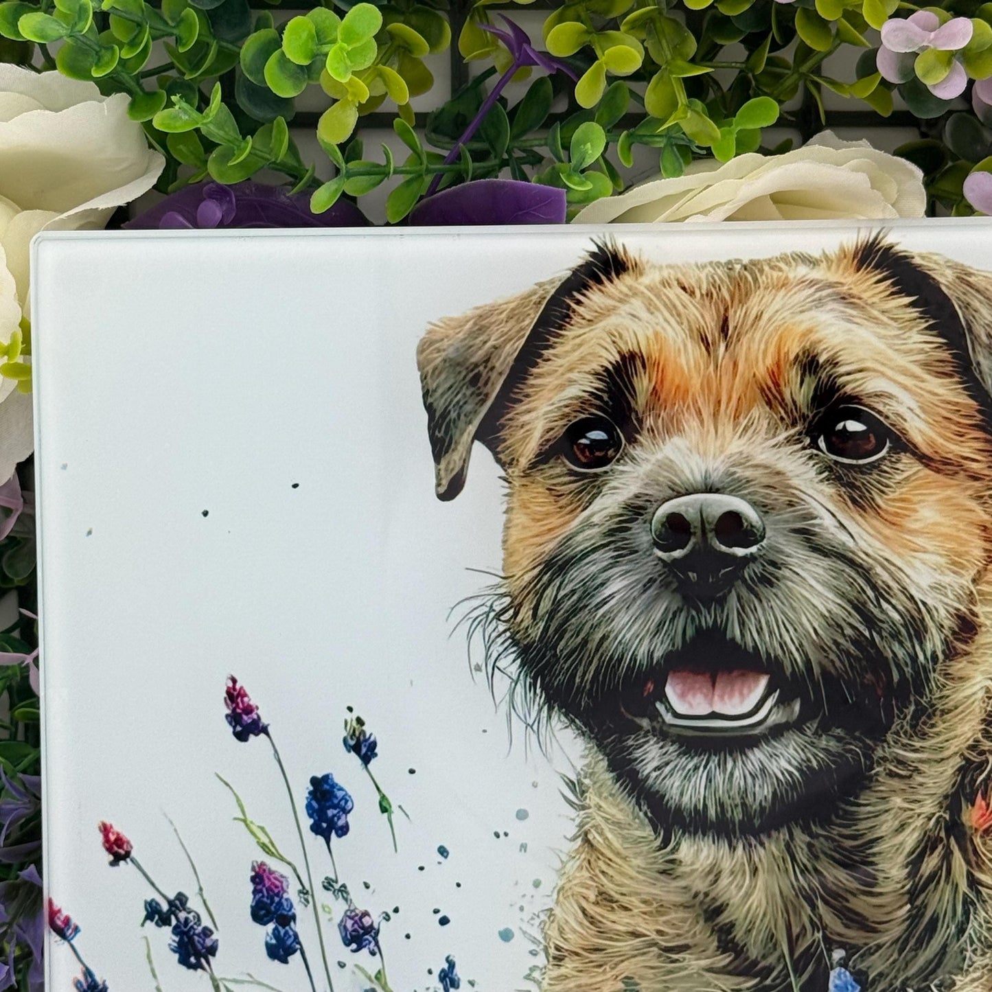 Border Terrier Wildflower Glass Chopping Board: Handmade Kitchen Decor