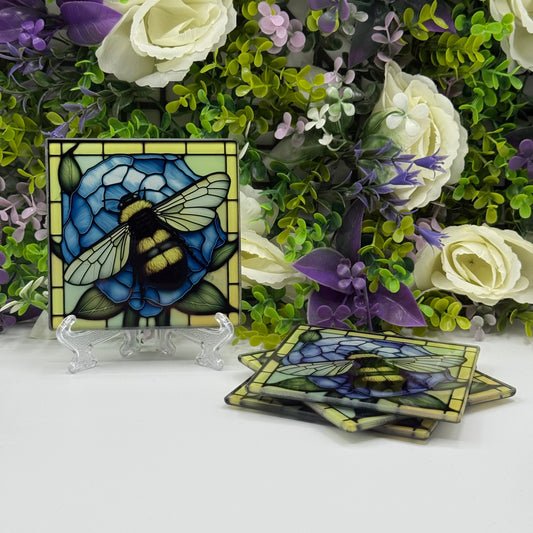 4x Bee Glass Coasters - Nature Lover Gifts