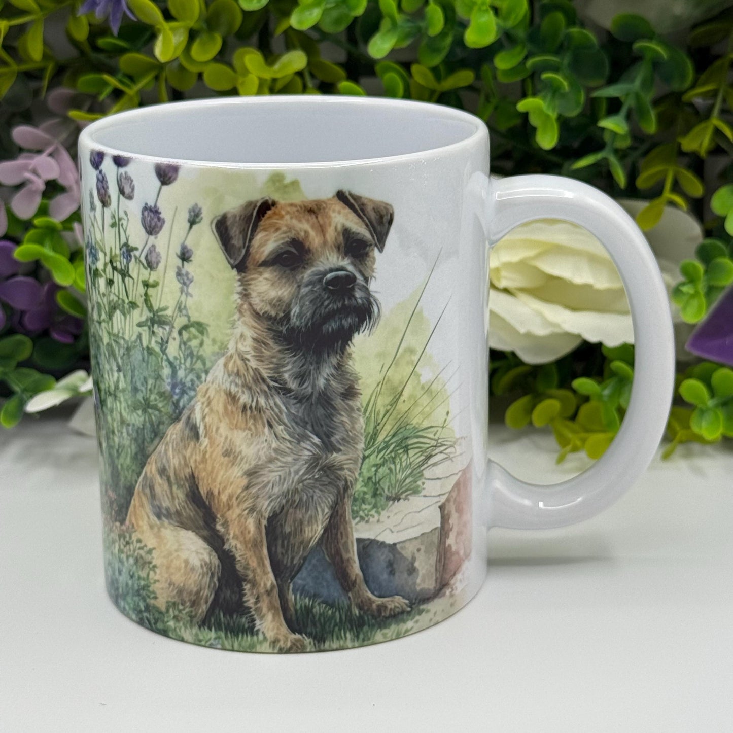 Border Terrier Dog Greenery Floral Mug: Handmade Ceramic Coffee Cup, Pet Lover Gift