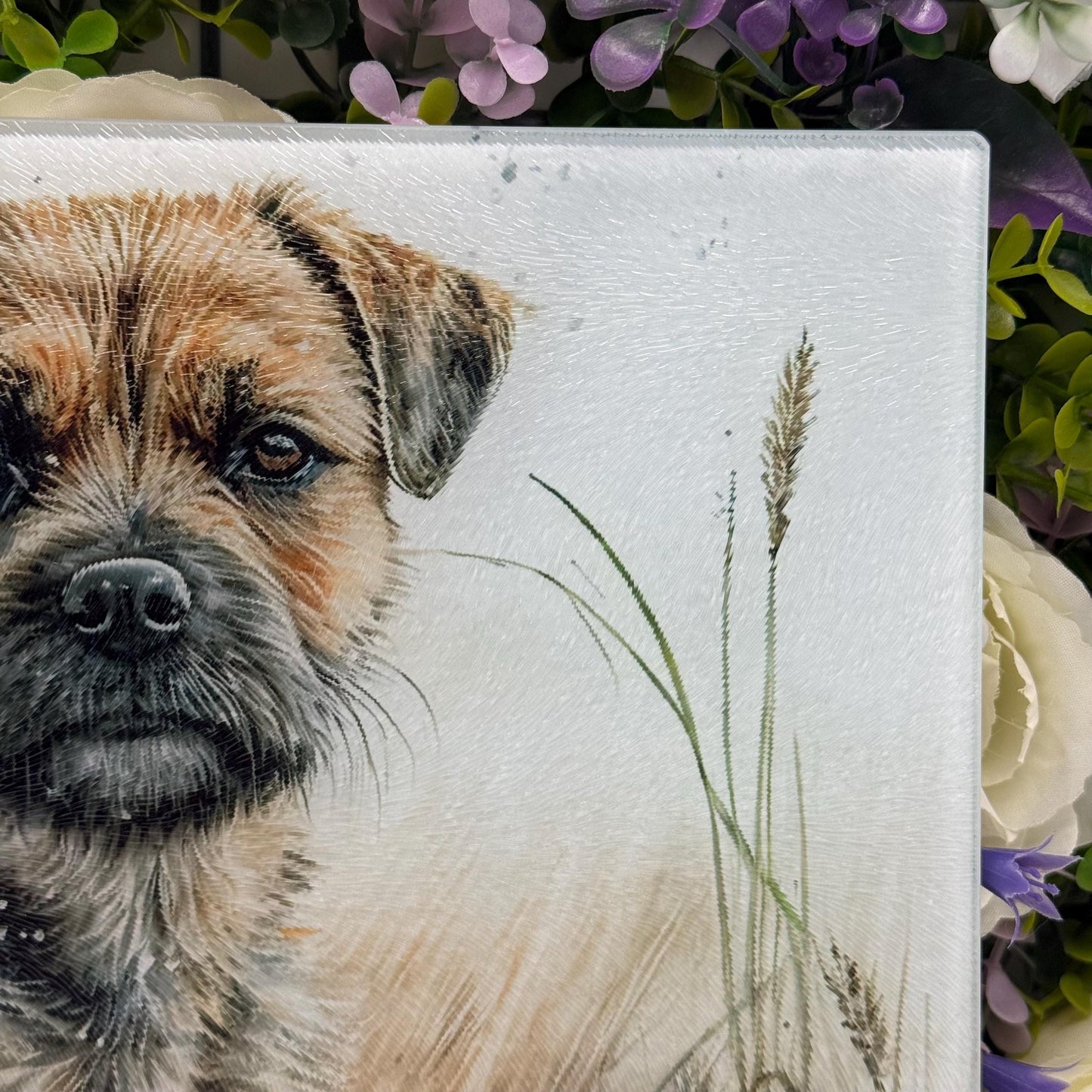 Border Terrier Wheat/Corn Field Glass Chopping Board / 8inch x 11inch / Handmade Kitchen Decor