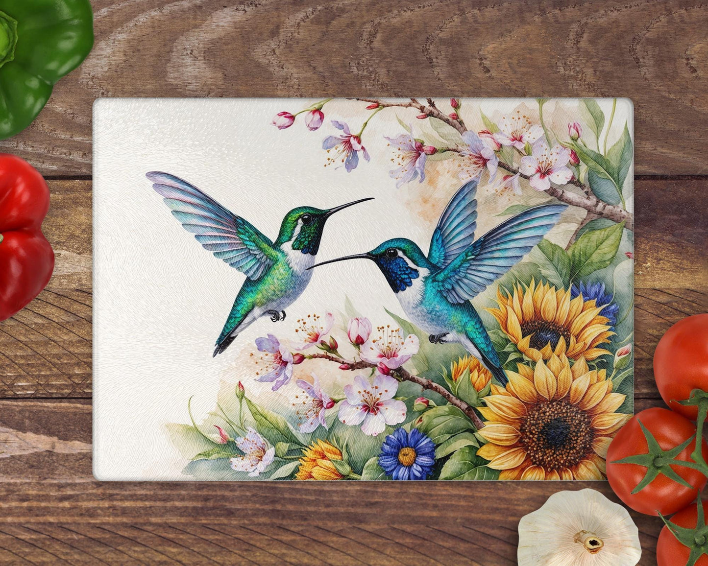 Hummingbird and Flowers Glass Chopping Boards - Worktop Saver - Side Protector