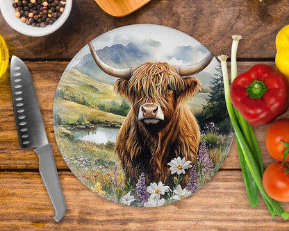 Highland Cow Round Glass Tea Pot Holder - Chopping Board - Worktop Protector - Heat Mat