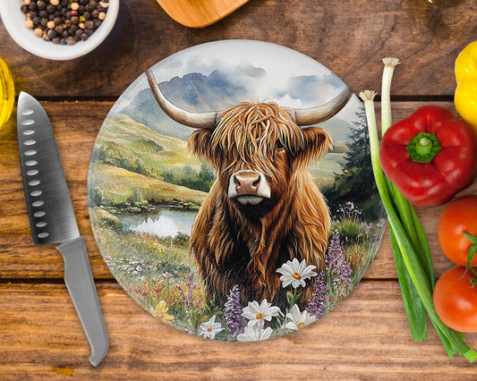 Highland Cow Round Glass Tea Pot Holder - Chopping Board - Worktop Protector - Heat Mat