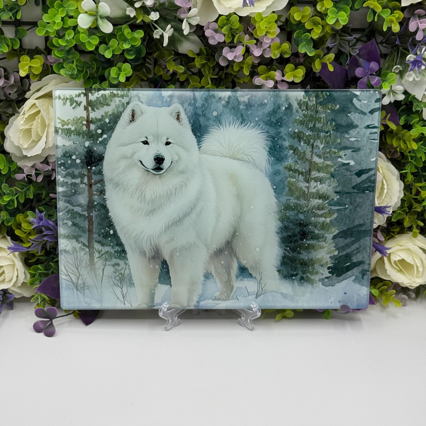 Samoyed Winter Snow 8inchx11inch Glass Chopping Board