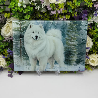 Samoyed Winter Snow 8inchx11inch Glass Chopping Board