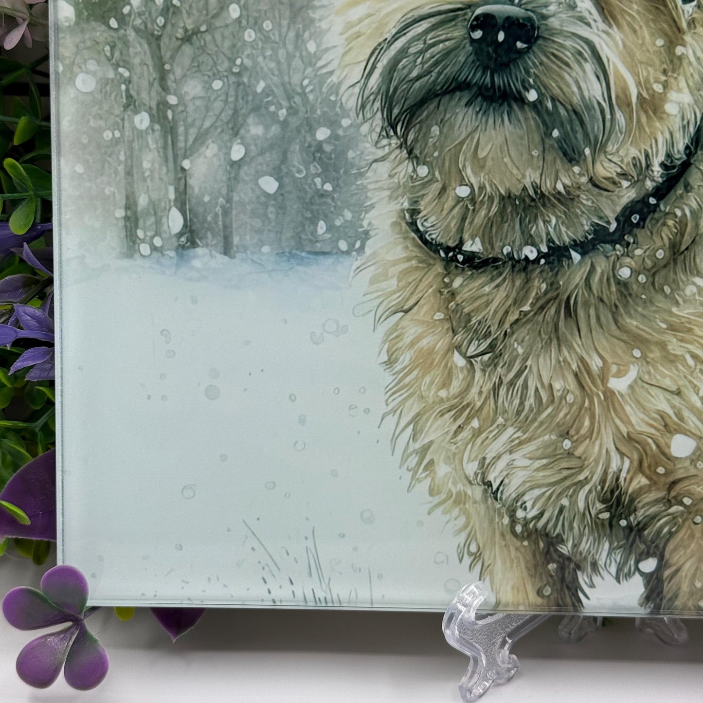 Norfolk Terrier Winter Snow 8inch x 11inch Glass Chopping Board