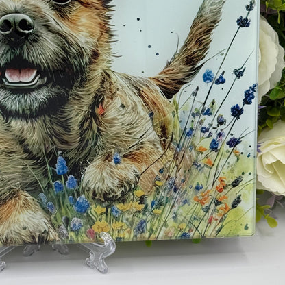 Border Terrier Wildflower Glass Chopping Board: Handmade Kitchen Decor