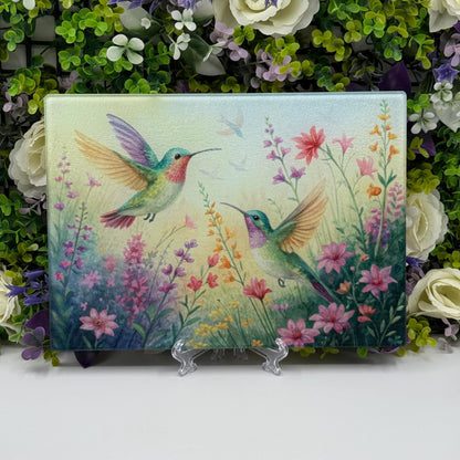Hummingbird and Wildflower Watercolour Glass Chopping Boards - Worktop Saver - Side Protector