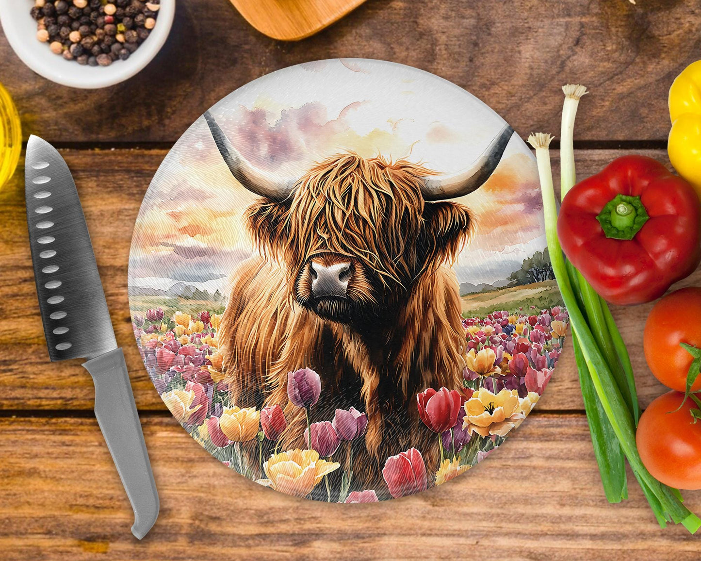 Highland Cow Round Glass Tea Pot Holder - Chopping Board - Worktop Protector - Heat Mat
