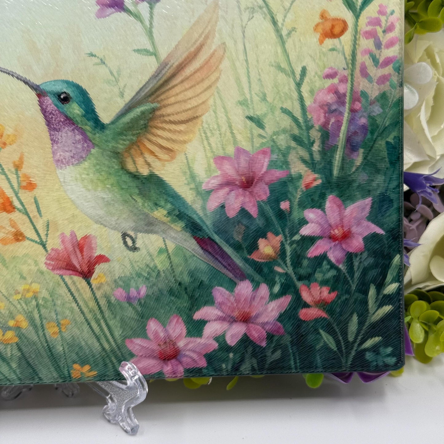 Hummingbird and Wildflower Watercolour Glass Chopping Boards - Worktop Saver - Side Protector