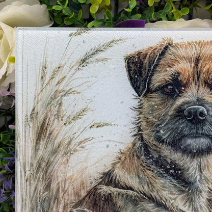 Border Terrier Wheat/Corn Field Glass Chopping Board / 8inch x 11inch / Handmade Kitchen Decor