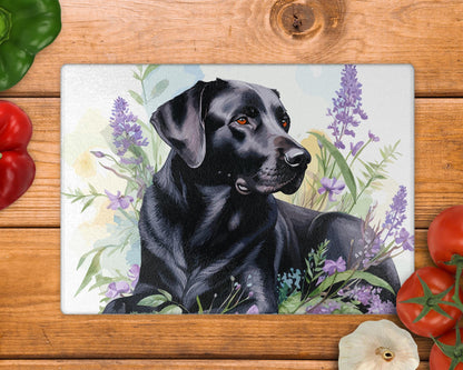 Labrador Purple Flowers Glass Chopping Board - Worktop Saver