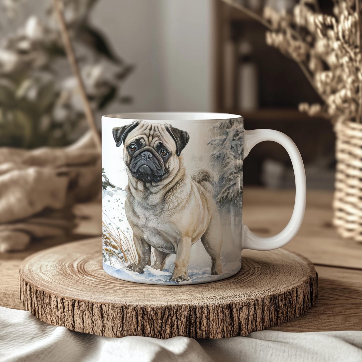 Pug Winter Snow Forest 11oz Ceramic Dog Mug