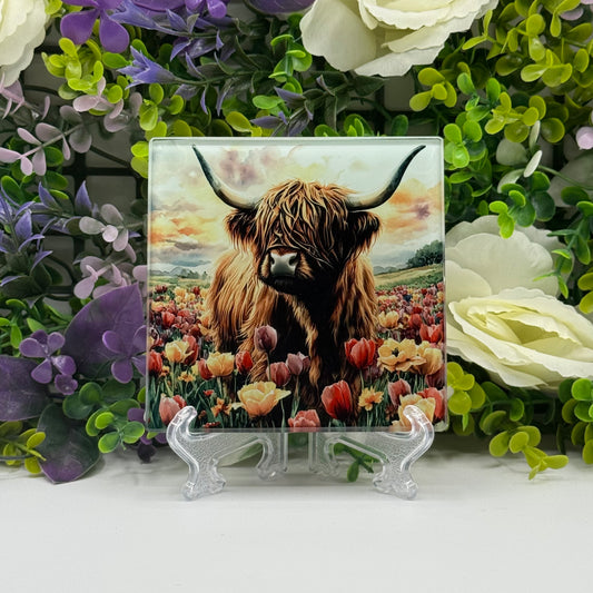 Highland Cow Glass Coasters: Handmade Animal Drink Mats