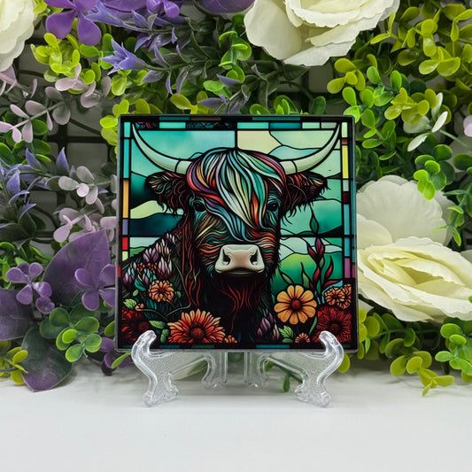Highland Cow Colourful Glass Square Coasters