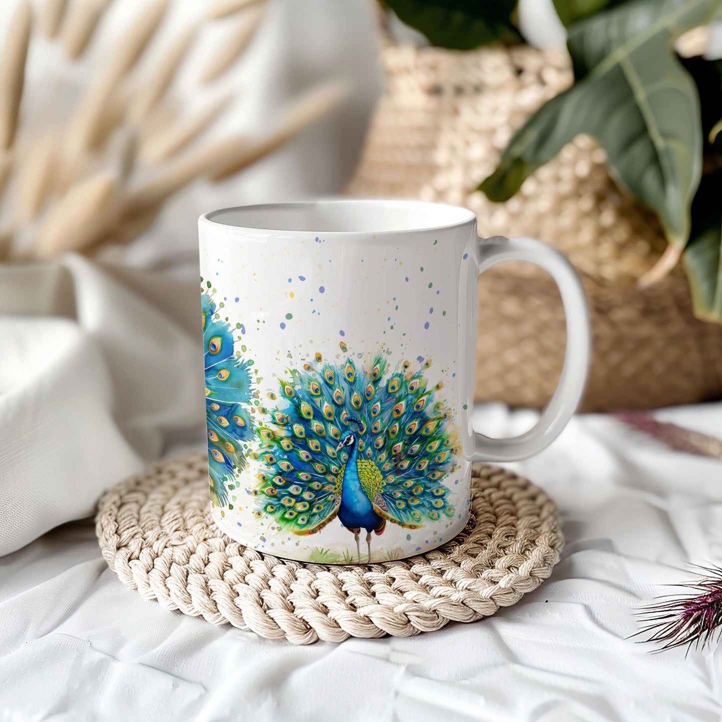 Peacock Watercolour Colourful 11oz Ceramic Mug