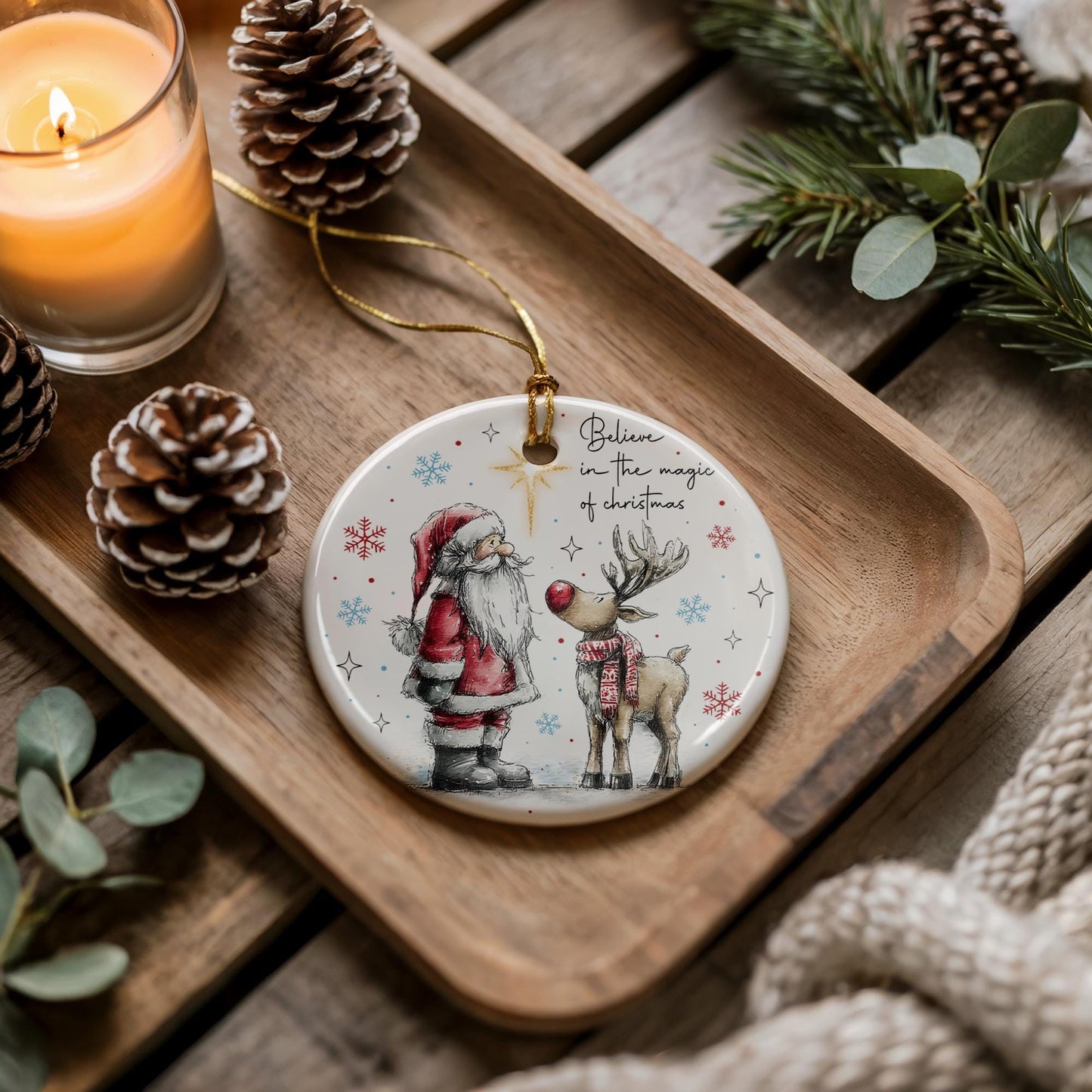 Believe in Christmas Magic - Santa and Reindeer Ceramic Ornament - Tree Decoration