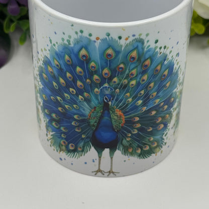 Peacock Watercolour Colourful 11oz Ceramic Mug