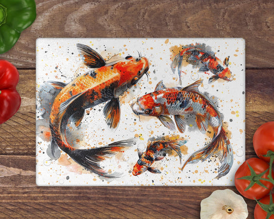 Koi Fish Glass Chopping Board / 8inch x 11inch / Handmade Kitchen Decor